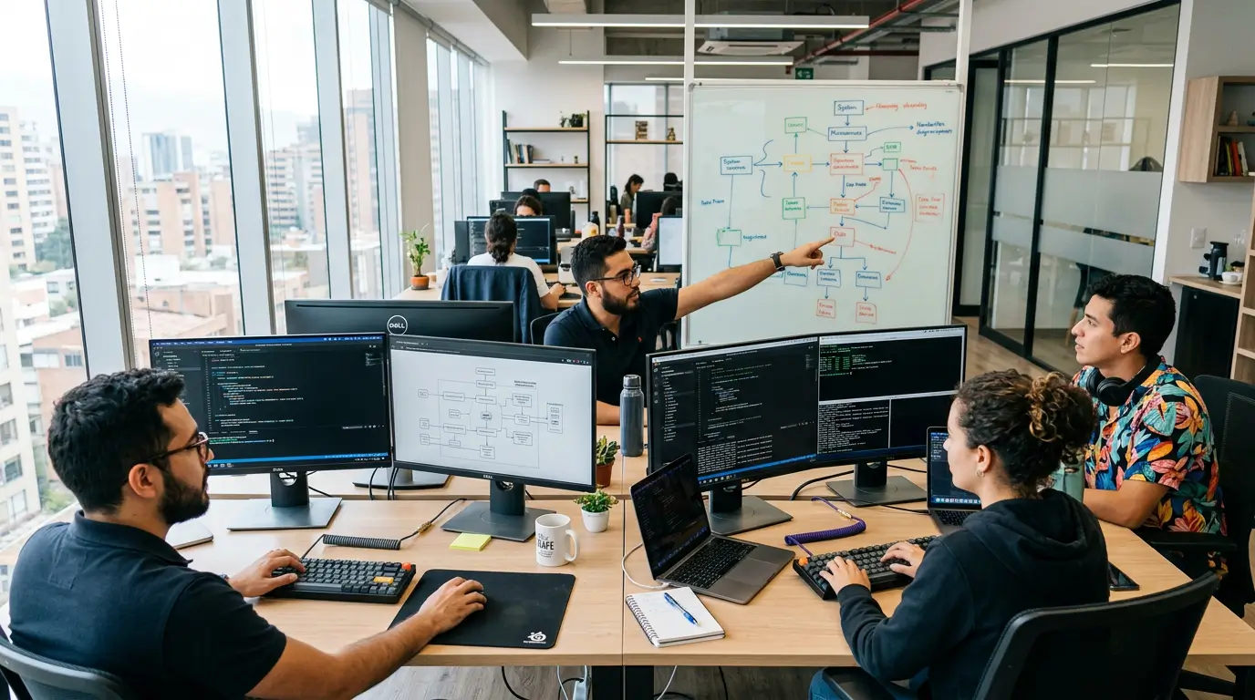 Equipo de desarrolladores de aplicaciones trabajando en un proyecto a medida